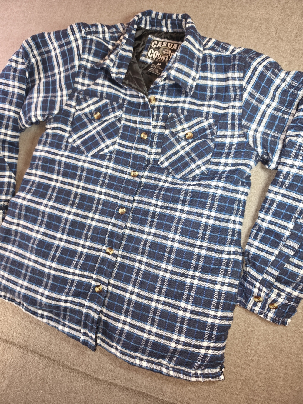Casual Country Men's Blue Plaid Flannel  Button Down | Quilted | Medium